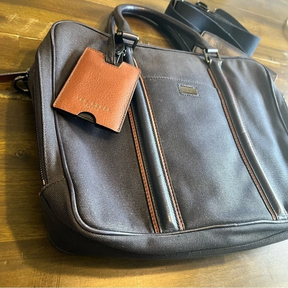 Ted Baker Navy Blue Laptop Bag Case Travel Luggage Padded Double Zipper Leather